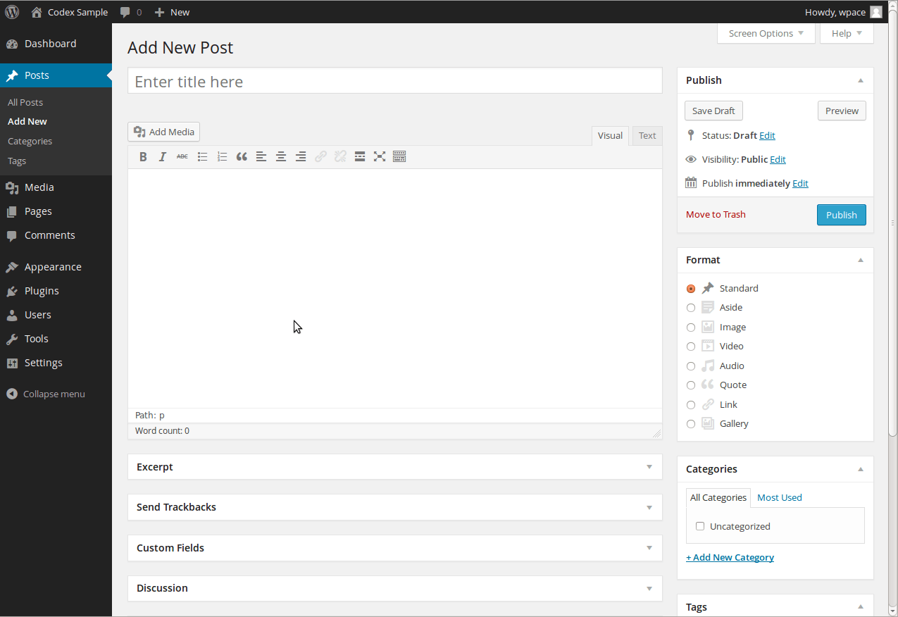 Adding a new post in the classic editor.